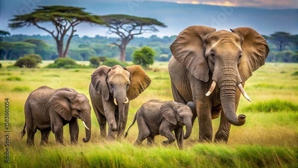 Obraz Elephant Family Frolic: Majestic Adult with Playful Calves in Lush Savannah Paradise
