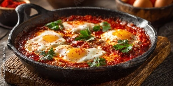 Obraz Shakshuka in a cast iron skillet presents a delicious Middle Eastern dish with poached eggs in a spiced tomato sauce, garnished with fresh parsley on a rustic wooden surface.