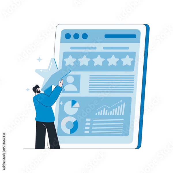 Fototapeta Illustration of a businessman holding a big star to give a review into a tablet that displays employee statistics in the concept of employee satisfaction.