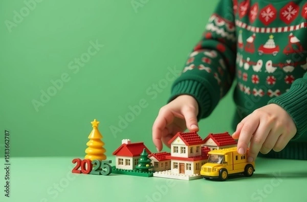 Fototapeta Child's hands assemble a New Year's composition from a children's construction set. The child is wearing a Christmas sweater. Horizontal concept of children's games with space for text