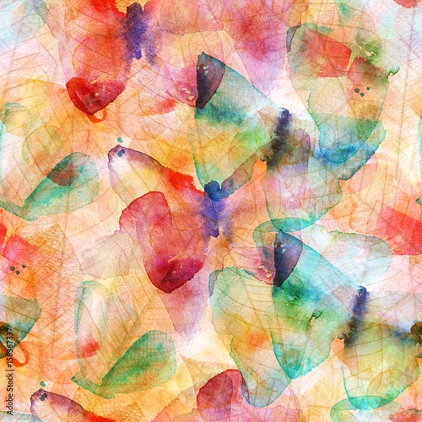 Fototapeta Seamless watercolor texture, abstract butterflies and leaves