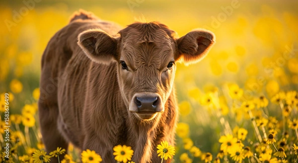Fototapeta A young brown calf in a field of yellow flowers under warm sunlight.