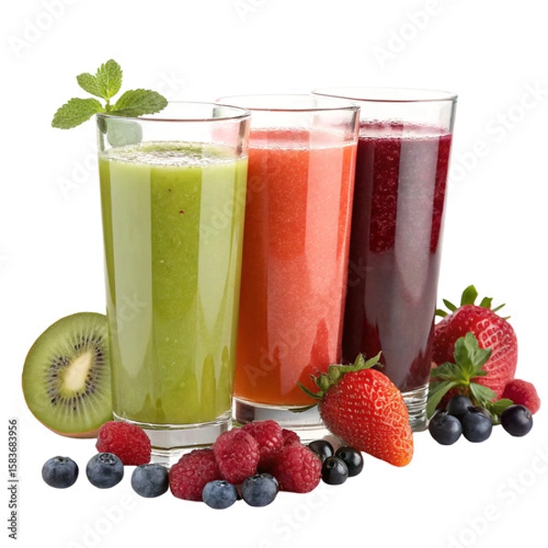 Fototapeta A photo of fresh fruit and berry juices in three glass glasses isolated on transparent background  
