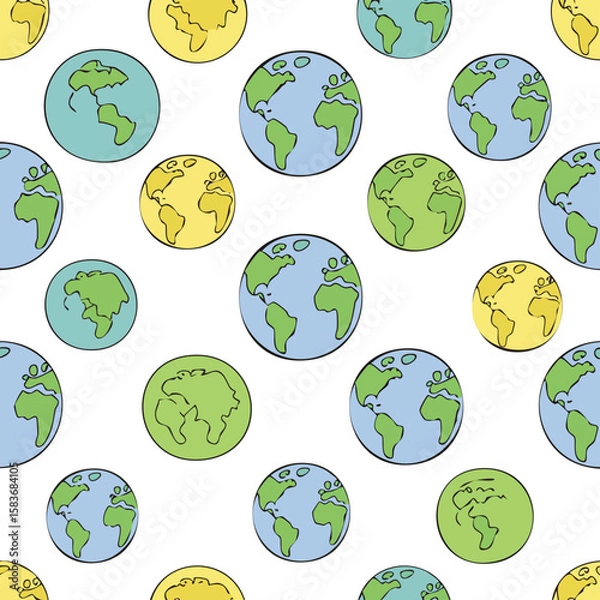 Fototapeta Seamless Vector Set of Colorful Earth Doodles – Hand-Drawn Planet, Nature, and Eco Icons Pattern