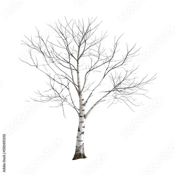Fototapeta A solitary birch tree with bare branches coated in frost against a black background