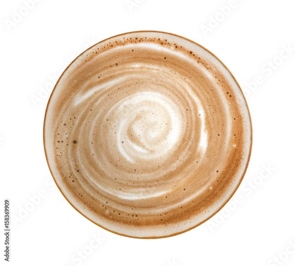 Fototapeta Top view of hot coffee latte cappuccino spiral foam isolated on white background, clipping path included