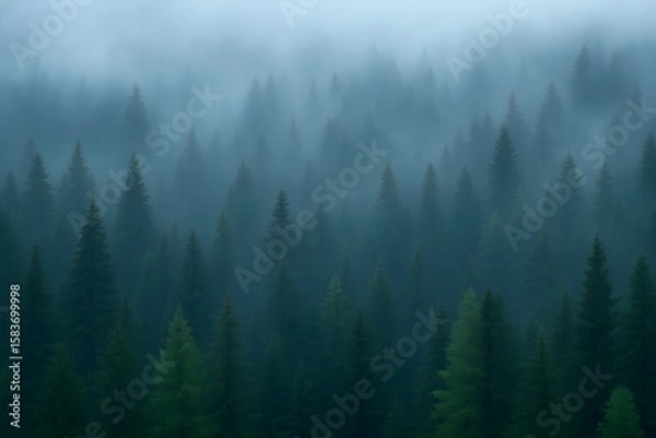 Fototapeta Misty Forest A Dense Evergreen Forest Shrouded in a Thick Ethereal Fog