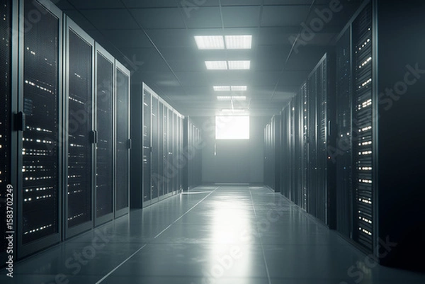 Fototapeta Modern data center with soft lighting and server racks