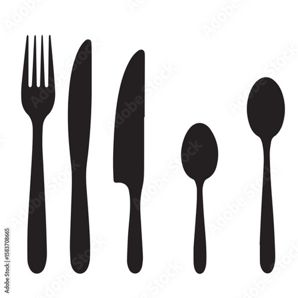 Obraz Collection of black silhouette cutlery including a fork two knives and two spoons on a white background