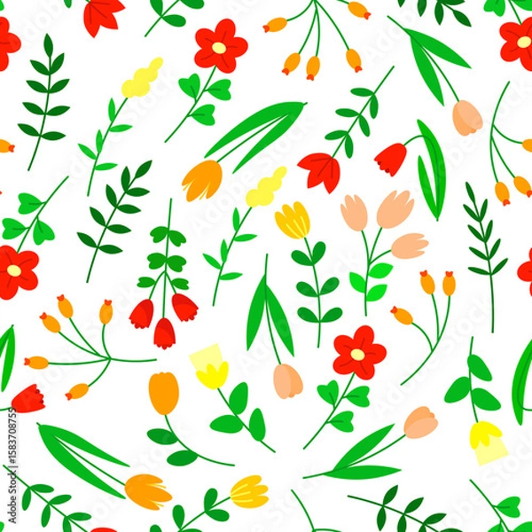 Fototapeta Seamless retro pattern of different flat flowers on white background