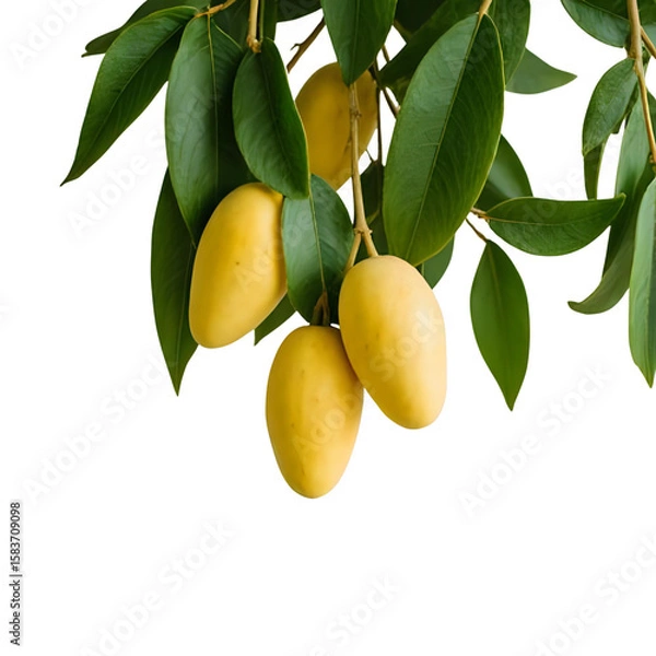 Fototapeta Ripe yellow fruits hanging from a branch with green leaves