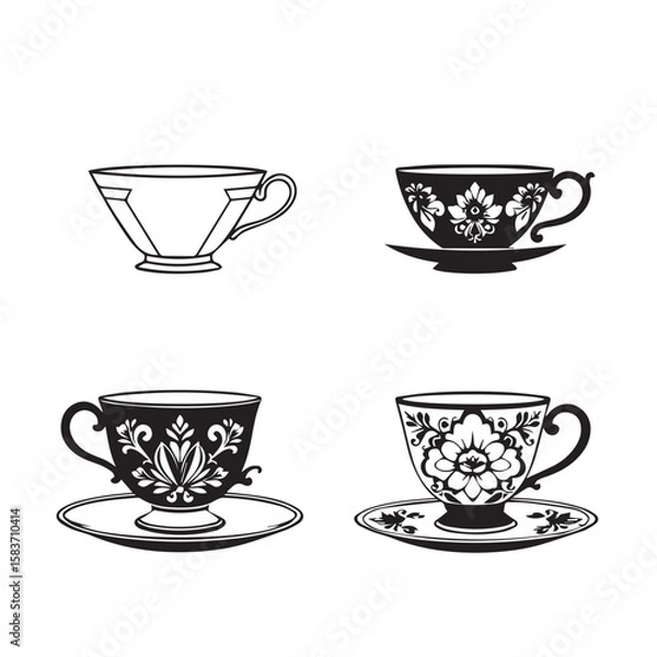 Obraz Collection of four black and white vintage teacups with ornate floral designs and saucers