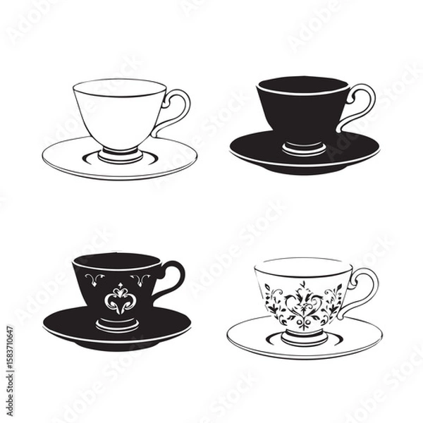 Obraz Collection of four elegant teacups and saucers in black and white line art style