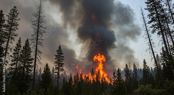 Fototapeta Wildfire Burning in Forest with Tall Trees During Smoke and Flames