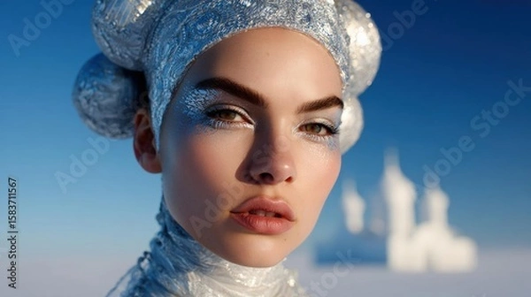 Fototapeta Close-up portrait of a young woman's face. she is wearing a silver headpiece with a large, intricate design on it.