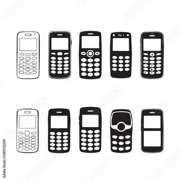 Obraz Collection of vintage and modern mobile phone icons in black and white