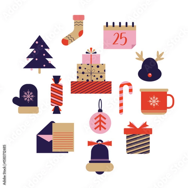 Fototapeta Set of hand drawn Christmas and New Year icons in vintage colors. Collection of seasonal elements in flat retro style. Simple geometric shapes