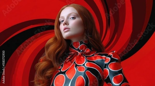 Fototapeta Portrait of a young woman with long red hair. she is standing in front of a red background with a black spiral design. the woman is wearing a black and red dress with a high neckline and long sleeves.