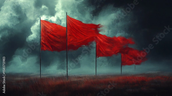 Fototapeta Menacing Red Flags Waving Dangerously in Stormy Weather Concept