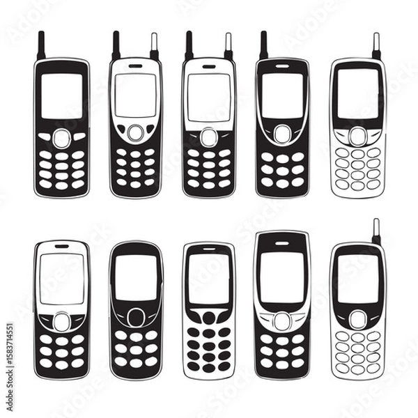 Obraz Collection of vintage mobile phones with antennas and keypads in black and white