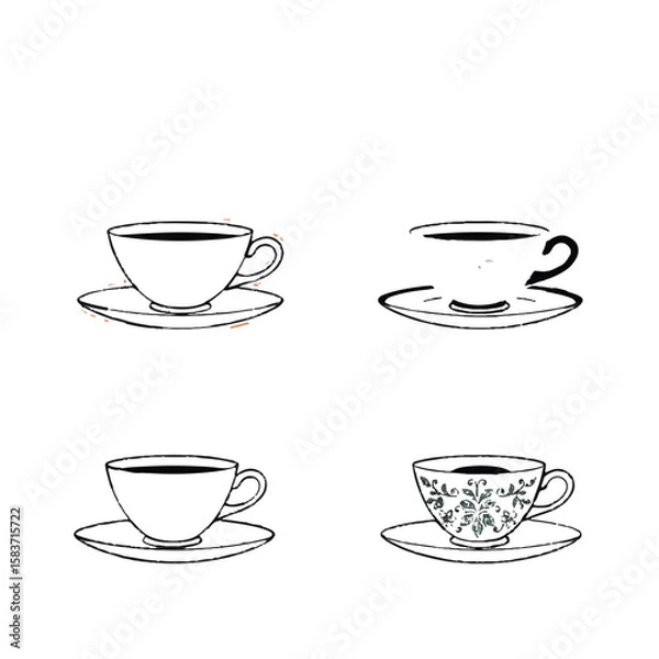 Obraz Four hand drawn cups of coffee or tea on saucers with different styles