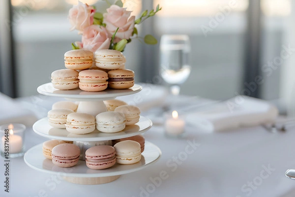 Fototapeta dessert display, elegant macaron tower as a vibrant and opulent focal point on the celebration table
