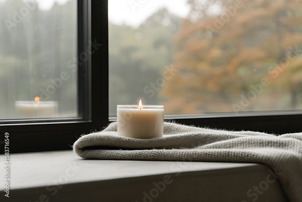 Fototapeta cozy reading corner, cozy reading corner with candlelight, a soft blanket, and a warm autumn ambiance