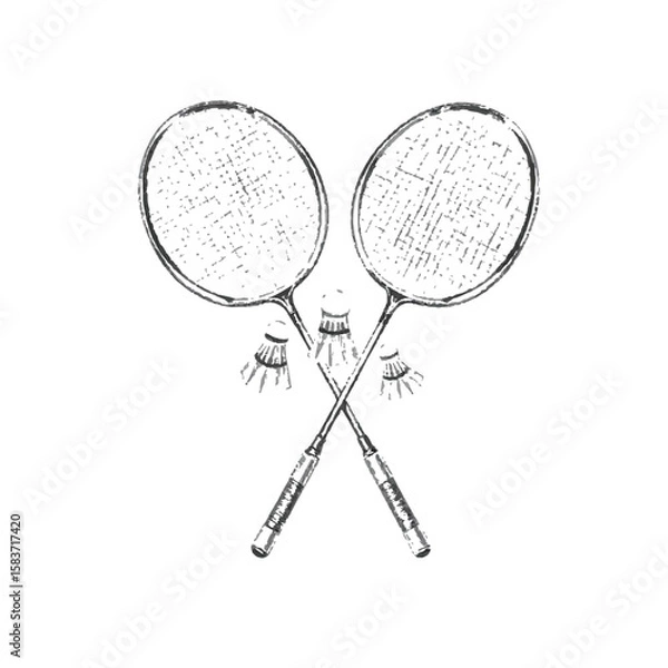 Obraz Hand drawn sketch of two crossed badminton rackets and shuttlecocks on white background