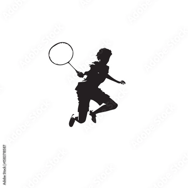 Obraz Silhouette of a badminton player in mid air hitting a shuttlecock with a racket