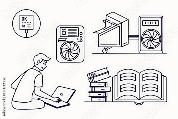 Obraz Illustration of a man on a laptop with books and appliances in a line art style design format