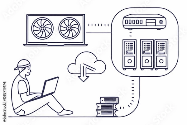 Obraz Person using laptop connected to a server with cloud storage and high end graphics card shown