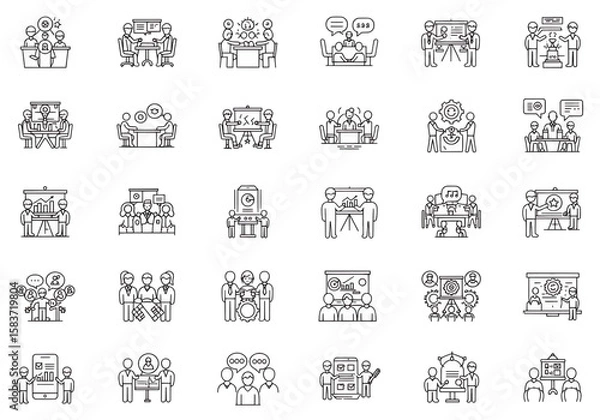 Obraz Illustration showing various business meetings and presentations in a line drawing style format