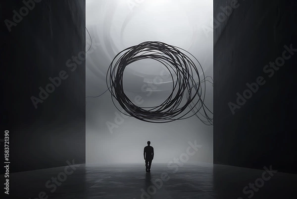 Fototapeta complex notion human figure ensnared in overthinking, a surreal tangle of wires