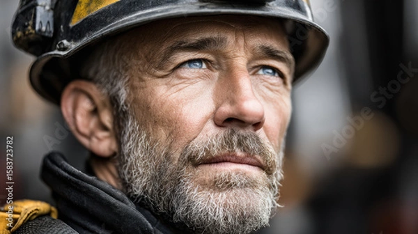 Fototapeta Portrait of a mature caucasian construction worker in a helmet with blue eyes and a focused expression at a worksite