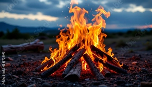 Fototapeta an outdoor setting where a fire is burning amidst what appears to be a camping environment. flames are visible above and around wood logs, suggesting that this is a real fire