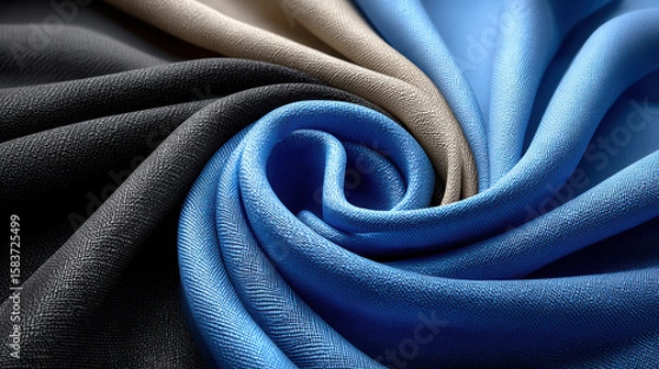 Fototapeta Colorful swirl of textured fabrics in black, beige, and blue, textile background
