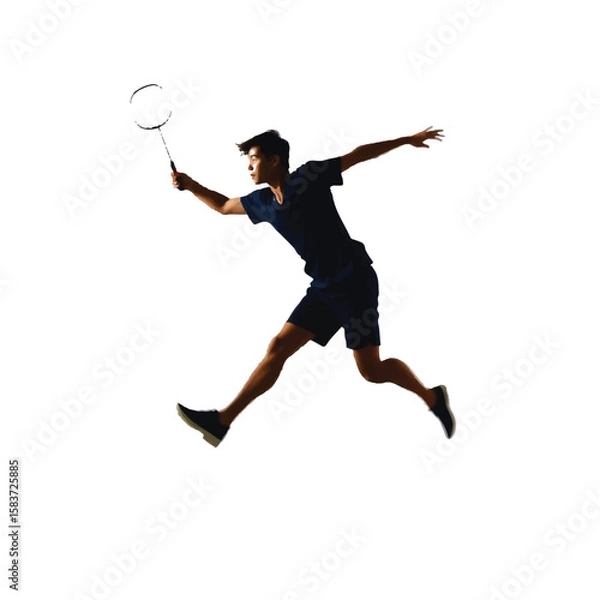 Obraz Young male badminton player in mid air striking shuttlecock during a match
