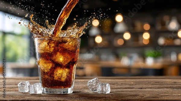 Fototapeta Refreshing splash of cola with ice cubes in a glass at a cozy cafe