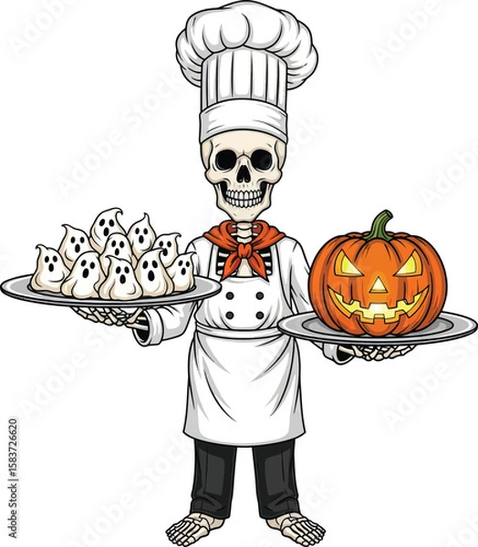 Fototapeta Skeleton chef holding a tray of ghost cookies and pumpkin