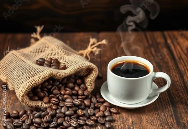 Fototapeta Dark roasted coffee beans in burlap sack beside steaming cup on rustic wood,  breakfast,  texture
