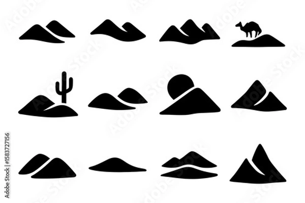 Fototapeta Desert silhouette collection: mountains, cactus, camel in minimal design