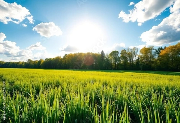 Fototapeta Sun-drenched grassy field, lush green, backdrop of trees, vibrant blue sky with fluffy white clouds,  sunny,  background