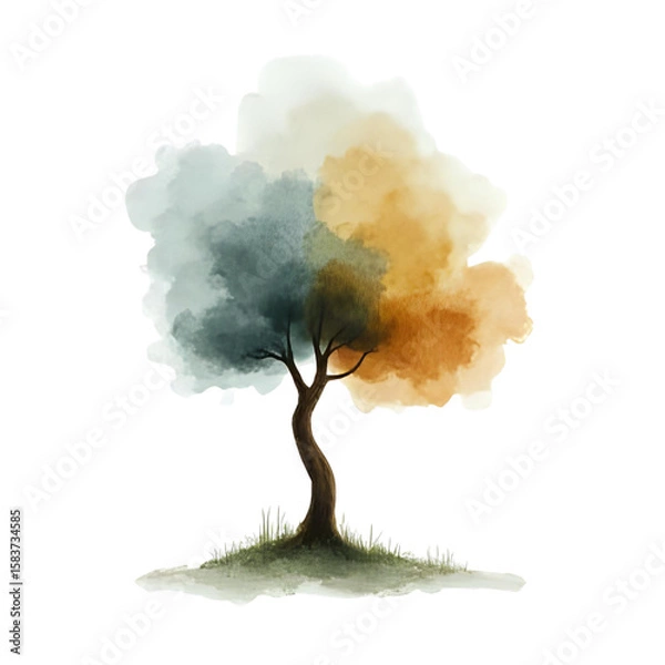 Fototapeta Abstract watercolor tree with four distinct color segments on a black background