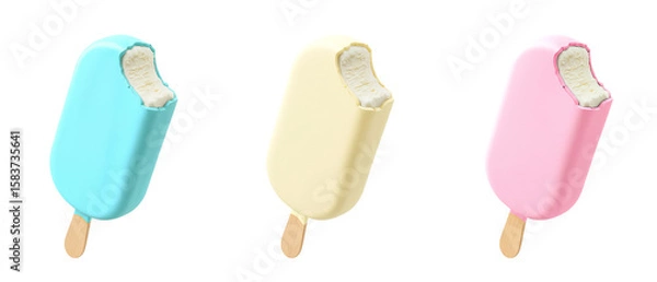 Fototapeta Pastel candy glazed vanilla ice cream bar on stick transparent PNG cutout set bundle, isolated background. Colorful, blue, cream white, pink color flavor cue