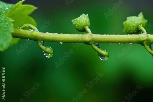 Fototapeta Fresh water droplets form on a green plant stem with delicate buds in a natural setting
