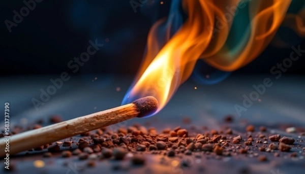 Fototapeta a close up view of a lit match and an incendiary fuse.