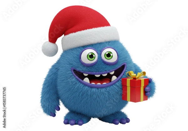 Fototapeta Isolated Happy Blue Monster with Santa Hat Holding Gift