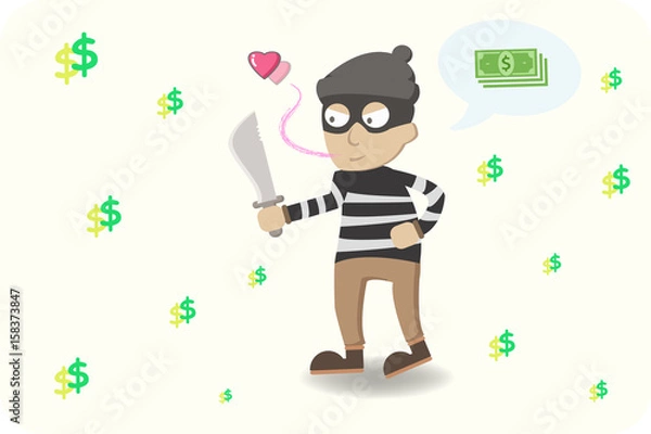 Fototapeta Charming debonair Thief Rob my heart. Cute thief character. Vector cartoon illustration EPS10. dollar,$,heart,background. Robber in mask.