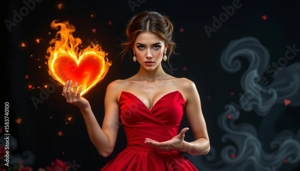 Fototapeta a woman in a red dress holding a glowing heart in her hands, which emits a trail of sparks. she is positioned in front of a backdrop with smoke and swirling patterns.
