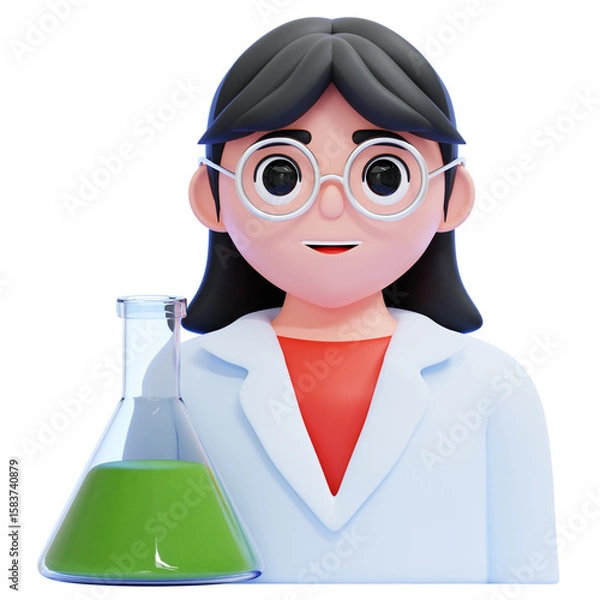 Fototapeta PNG 3D Female Scientist with Flask Illustration Isolated on a White Background